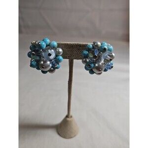 Vintage glass beaded blue clip on earrings